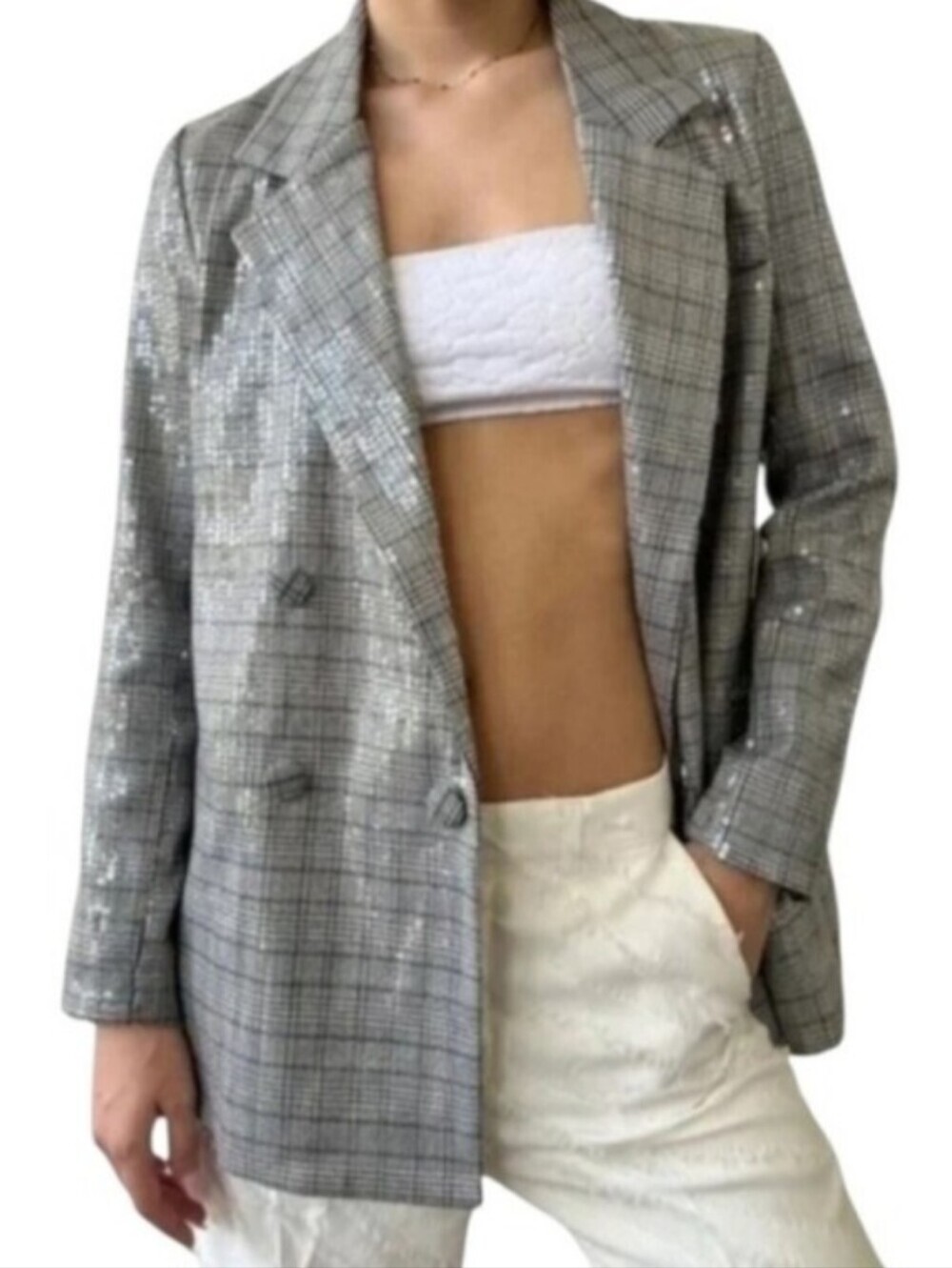 Jason Wu Grey Plaid Clear Sequin Double Breasted Suit Jacket Blazer
